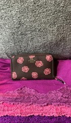 Coach Wine Pink Rose Coated Canvas Organizer Zip Around Multifunction Wallet