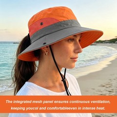 1/2x Women&rsquo;s Wide Brim Sun Hat w Ponytail Hole UV Protection for Camping Fishing