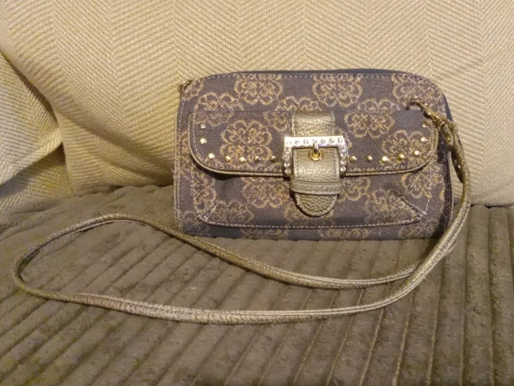 KATHY VAN ZEELAND Crossbody Clutch Purse • Denim Glitter Studs Jewels Buckle