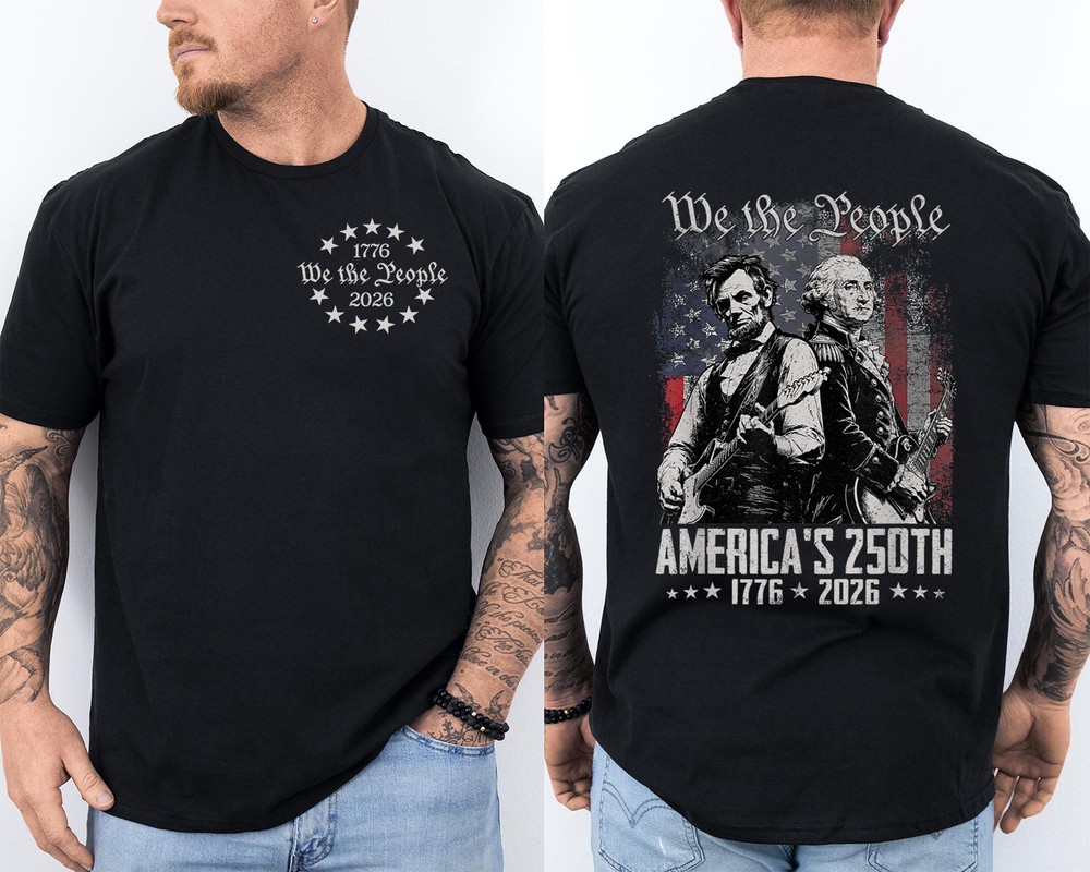 George Washington Abe Lincoln Playing Guitar 250th America Front & Back T-Shirt