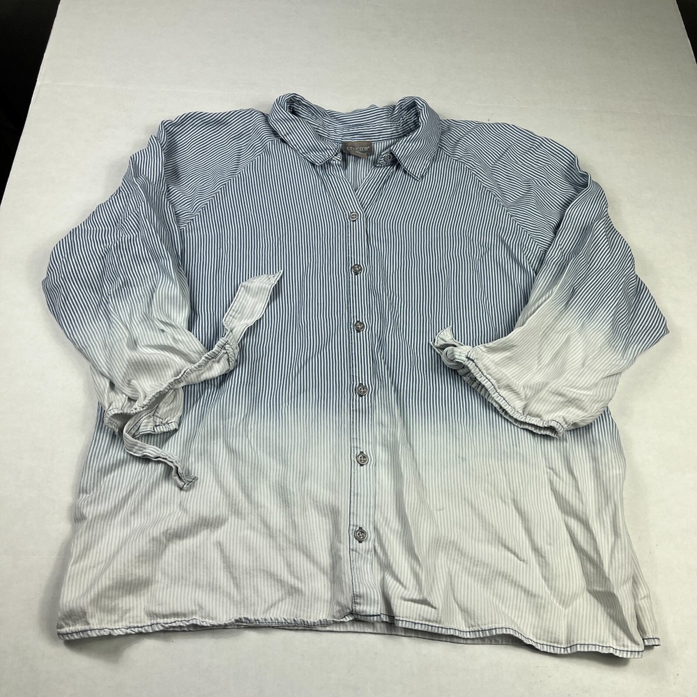 Chicos Chambray Button Down Shirt Striped Ombre 3/4 Sleeve Coastal Top 2 LARGE