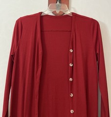 Womens Medium Red Long Button-Up Ribbed Stretchy Pocket Cardigan! A5587
