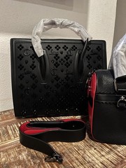 Christian Louboutin Black/Red Studded Top Handle Satchel Zip Detachable Strap