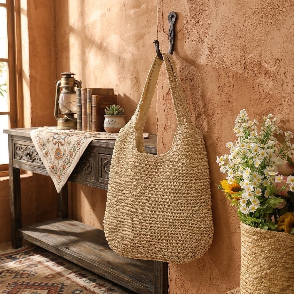 Women Simple Solid Color Large Capacity Straw Shoulder Tote Bag For Vacation