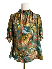 2 Hearts Tunic Blouse Womens Medium Multicolor Floral Ruffle High Neck Top Boho