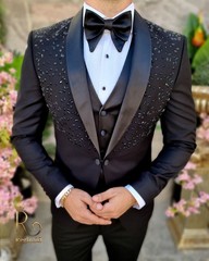 Black Men&rsquo;s Suits Beading Diamond 3PCS Luxury Prom Party Dinner Jacket Coat