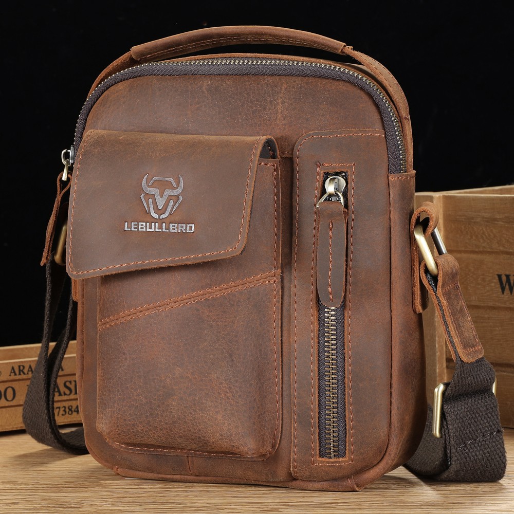 Men&rsquo;s Sling Shoulder Messenger Bag Crazy Horse Genuine Leather Zipper Handbag