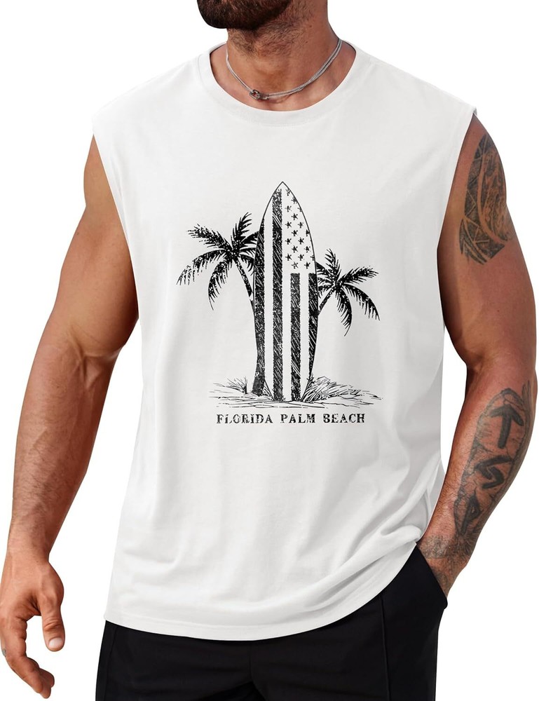 Mens Muscle Tank Top Summer Beach Vacation Shirt Palm Tree Graphic Quick Dry