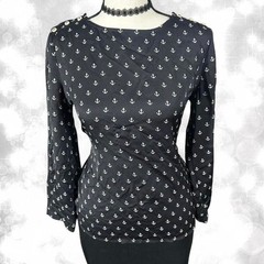 Preppy edgy chic anchor print long sleeve blouse with shoulder buttons