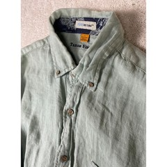 Tailor Vintage Linen Shirt Mens L Sage Green Long Sleeve Button Down Spots Noted