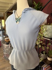 Vintage Y2K Baby Blue Stretch Ribbed Collared Top Minimalist Feminine Softgirl M