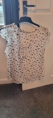 White Butterfly Print Sheer Scoop Neck Blouse with Back Tie Detailing