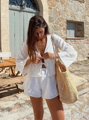 Womens Front Tied Tops Summer Linen Cotton Baggy Tee Shirts Blouse Cover up Top