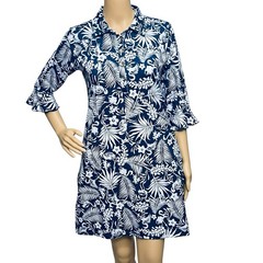 Ana Clare Dress UPF 50+ Tropical Floral Print Gold/Button 3/4 Bell Sleeve Sz S