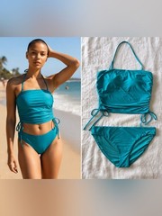 Roxy Bandeau Bikini Set NWT Large Turquoise Adjustable Swim Set Beach Resort