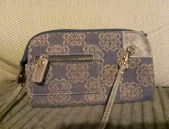KATHY VAN ZEELAND Crossbody Clutch Purse • Denim Glitter Studs Jewels Buckle
