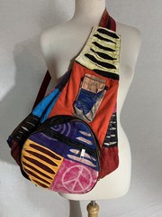 NWOT Patchwork Cotton Fold up Backpack Stonewash Multicolor Peace Sign ~15 x16&Prime;