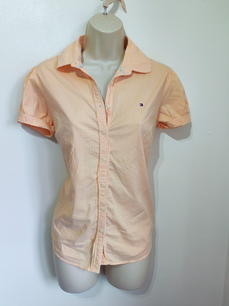 Tommy Hilfiger orange gingham check short sleeve shirt blouse 8 preppy