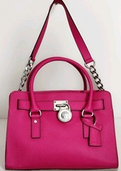 🌞MICHAEL KORS HAMILTON RASPBERRY PINK SILVER SAFFIANO LEATHER SATCHEL BAG🌺NWT!