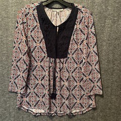 Daniel Rainn Top Womens M Navy Blue Floral Embroidered Tassel Tie Boho Blouse
