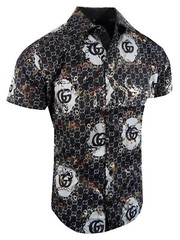 Mens Short Sleeve Shirt Italian Logo Gold Foil Floral Flip-Cuff Stretch Slim Fit