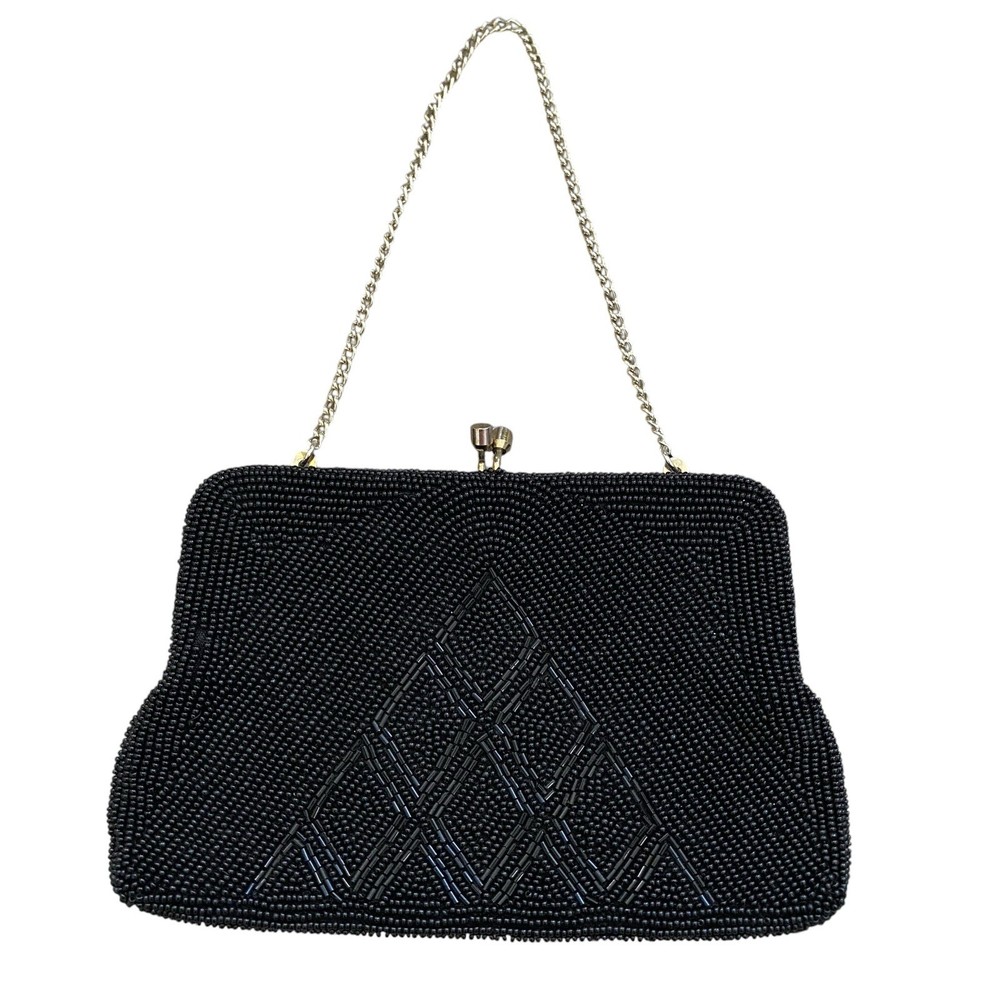 Vintage Beaded Art Deco Mini Bag Clutch 6.75×4.5&Prime; Black Evening Made Japan