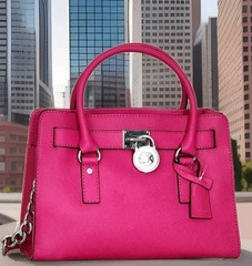 🌞MICHAEL KORS HAMILTON RASPBERRY PINK SILVER SAFFIANO LEATHER SATCHEL BAG🌺NWT!