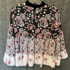 LOFT Top Small Pink Floral Velvet Keyhole Neck Ruffle Bell Sleeve Boho Blouse