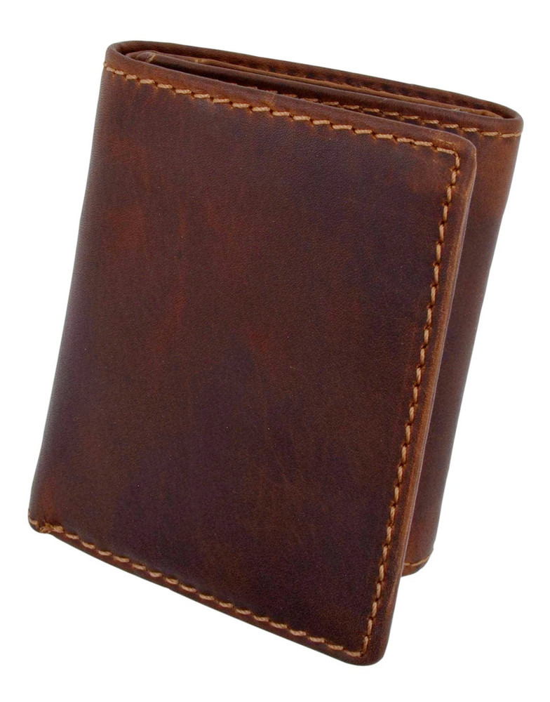 RFID Blocking Brown Vintage Leather Men&rsquo;s Trifold Center Flap Wallet
