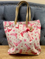 Recycled Cotton Canvas Tote Pink Cowboy Boots Pompom Tassel Rockabilly Rodeo Bag