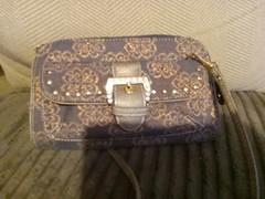 KATHY VAN ZEELAND Crossbody Clutch Purse • Denim Glitter Studs Jewels Buckle