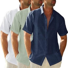 Mens Linen Cotton Button Down Short Sleeve Shirt Cuban Camp Guayabera Beach Tops
