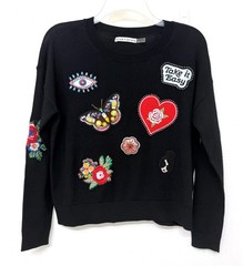 Alice + Olivia Take It Easy Embellished Patch Sweater Embroidered Black Wool XS