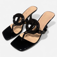 Black Patent Leather Square Toe Logo Strappy Slip-On Mule Heel Women’s 8